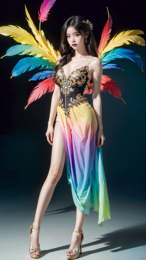  Beautiful woman, well shaped, ample feathers, rainbow colors, gradient colors, feather clothing, complex details, decorations, Baroque, extra long hair, colorful hair colors, wavy, full body, background blurring,