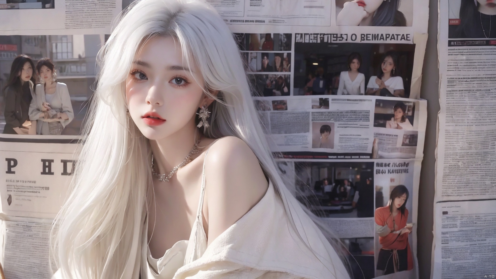  masterpiece, 1 girl, Stand, {white hair}, jewelry, Earrings, Necklace, {JK}, Newspaper wall, huge filesize, extremely detailed, 8k wallpaper, highly detailed, best quality