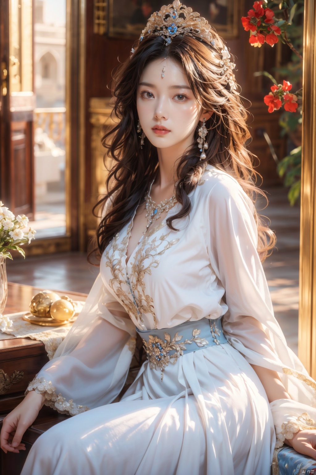  (Masterpiece, Best Quality), a girl in a white and blue dress. Luxurious dress, detailed fabric texture, ray tracing, ultra wide angle, 4K, award-winning, Yuyao, huge breasts, long hair, luxury, nobility, beauty, ultra realistic, ultra clear picture quality, 8K, luxurious palace background, domineering queen, enchanting figure, dynamic posture, sitting, full of immortality, soft light. On the other side of the flower is a large box, official art, 8k unit wallpaper, super detailed, beautiful, masterpiece, best quality, very detailed, dynamic angle, realistic, realistic, detailed details, clear focus, movie lighting, xiqing, 1girl