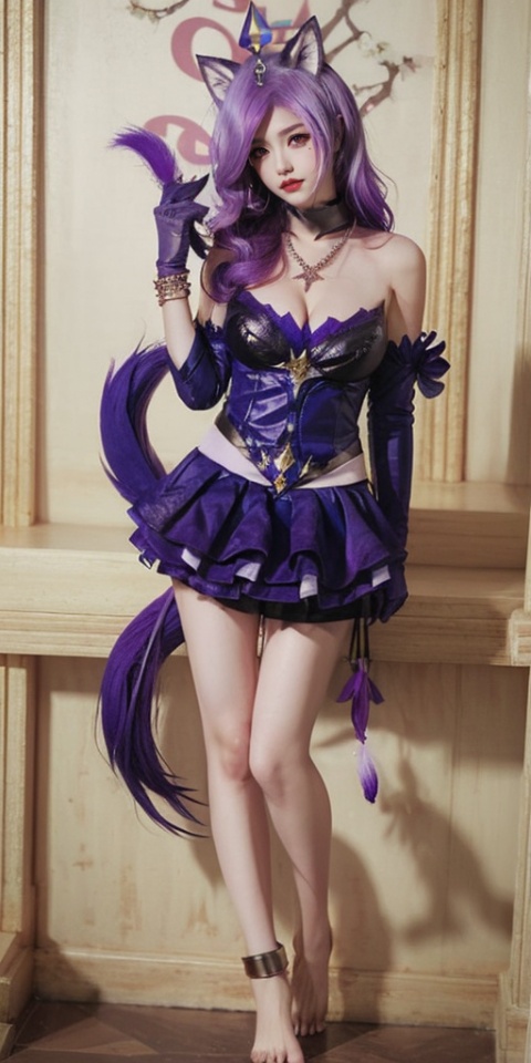  1girl, animal ears, tail, fox ears, anklet,solo, fox tail, breasts, jewelry, long hair, multiple tails,necklace, purple hair, facial mark, fur trim, hair ornament, barefoot, fox girl, beads, cleavage, ahri \(league of legends\), looking at viewer, kitsune, bare shoulders, magatama necklace, large breasts, nail polish, animal ear fluff, very long hair, lips, magatama, bangs, bracelet, whisker markings, collarbone, bare legs,(standing:1.3),