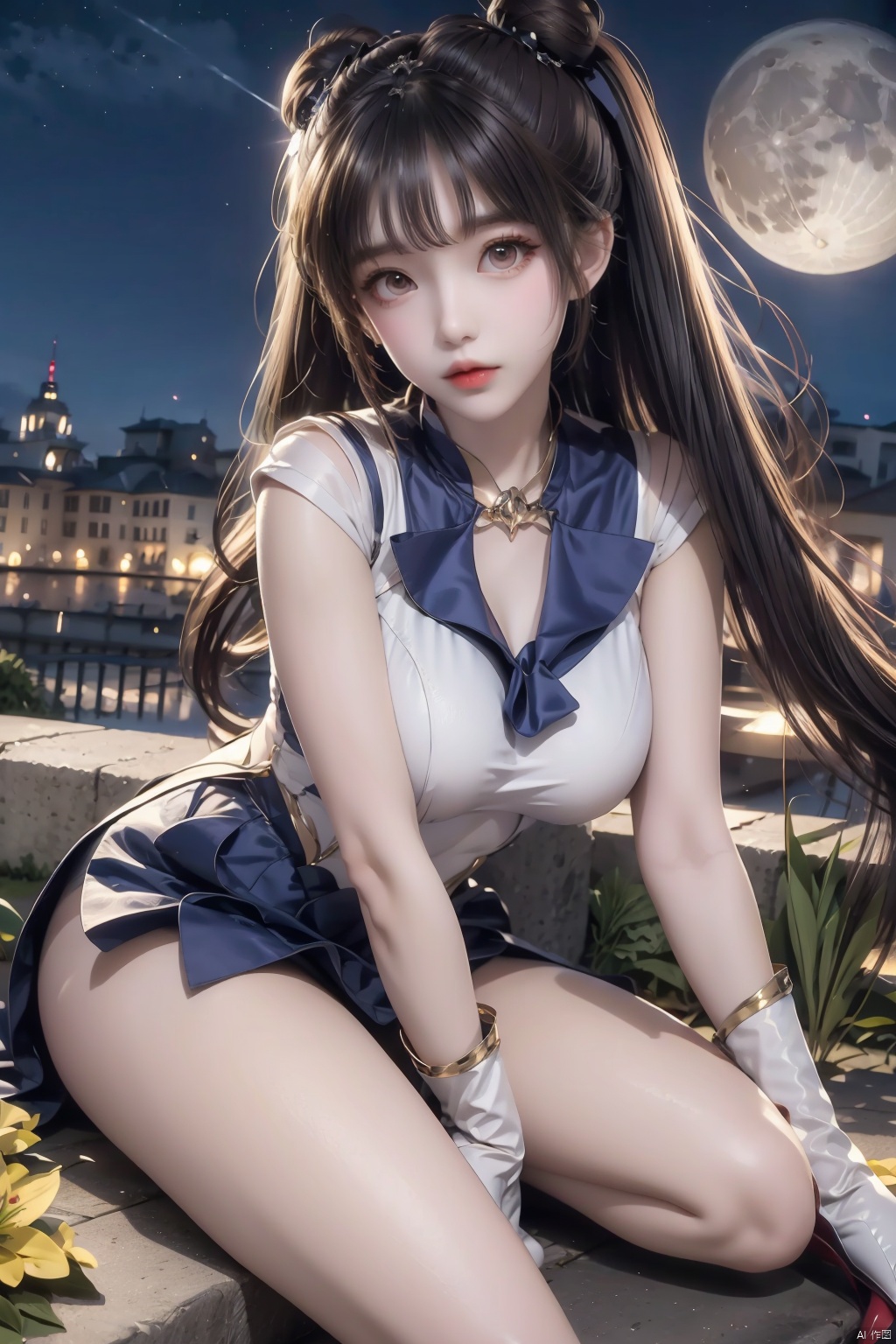  Top Quality, 1 girl, Sailor Moon, blonde hair, blue collar, boots, bow, castle, collar, city, crescent, Crescent, bun, earring, gloves, facial markings, flowers, full moon, gloves, jewelry, boots, layered skirt, lilies, lipstick, long hair, magic girl, cosmetics, Moon, night, Sailor Collar, Sailor Moon, sailor uniform, skirt, sky, solo, Star, Sky, Moon, pigtail, white shoes, white gloves, close up