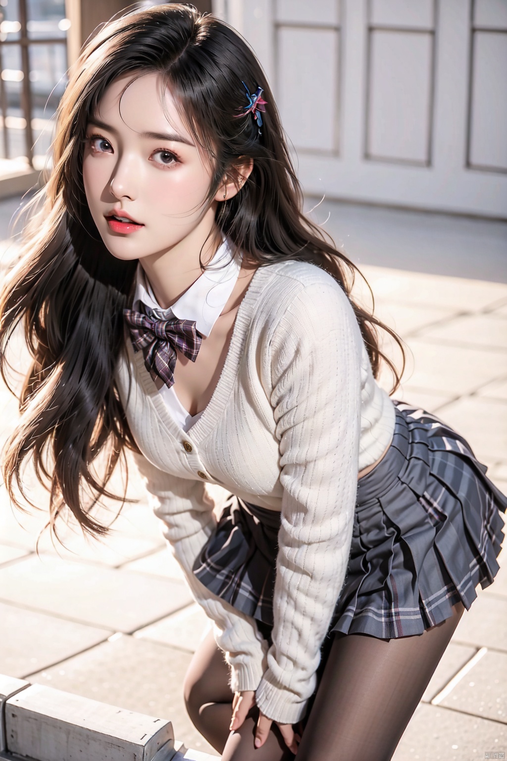  1girl, solo, pantyhose, skirt, long hair, loafers, shoes, simple background, school uniform, purple eyes, plaid, pantyhose, plaid skirt, looking at viewer, multicolor hair,white pantyhose pull, full body, clothes pull, black footwear, pleated skirt, leaning forward, bangs, long sleeves, bent over, cardigan, bow, bowtie, standing, closed mouth, pulled by self, blue background, blush, miniskirt, red bow, sweater, **********, chibi, tifa, my