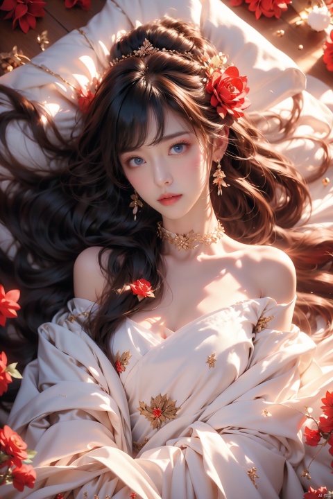  1girl, solo, red flower, flower, blue eyes, long hair, holding flower, holding, rose, dress, petals, hair ornament, red rose, lying, long sleeves, white hair, on back, white dress, looking at viewer, choker, parted lips, bare shoulders, blush, bangs, off shoulder, black choker, hair flower, off-shoulder dress, very long hair, collarbone, puffy long sleeves, puffy sleeves, rose petals, hair between eyes,eyesseye, dofas, crystal, yunbin, qianjin, christmas, Light master
