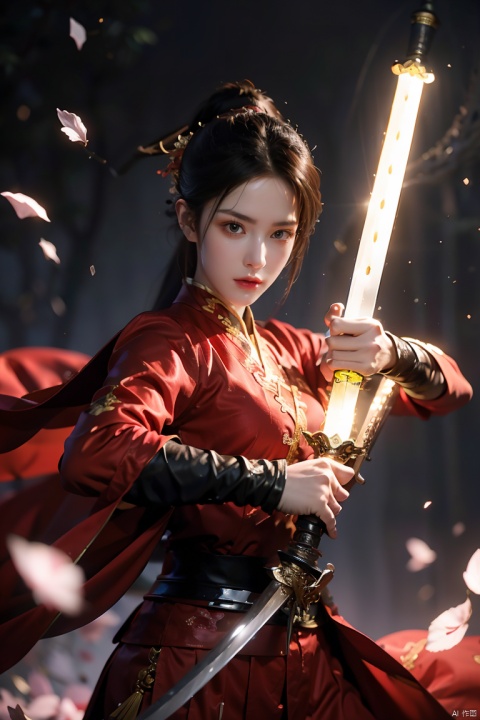  1girl,black hair,energy sword,glint,glowing sword,Unsheathed sword,solo,red Hanfu,Grasp the hilt with your hand,Brave and spirited,sword-dance,holding sword,looking at viewer,petals,solo,standing, ((poakl)), (\fan hua\)