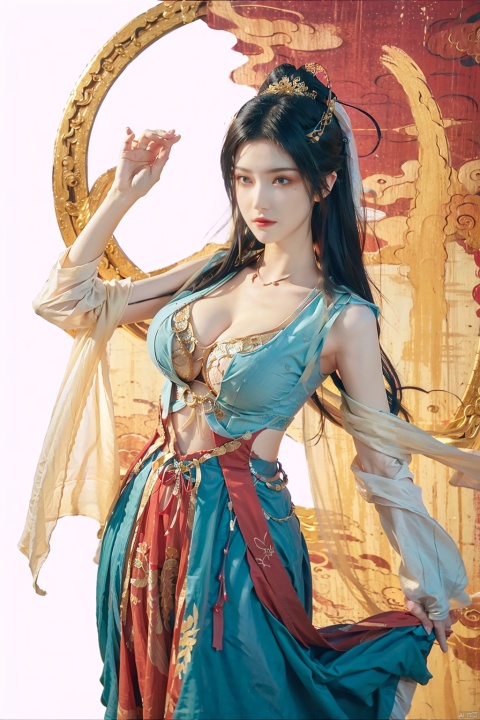  ,dunhuang_dress,dunhuang_background,1girl,dance,flying,masterpiece, traditional chinese ink painting, 1 girl, long hair, look at viewer, tease, Spirit, loong, dunhuang_style, dunhuang_cloths, 4k, best quality, super detail, award winning, high quality, best quality, high details ,(big breasts:1.5)