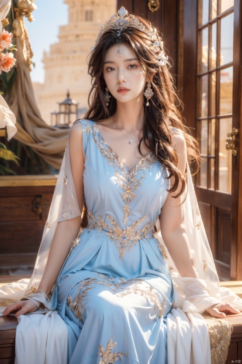  (Masterpiece, Best Quality), a girl in a white and blue dress. Luxurious dress, detailed fabric texture, ray tracing, ultra wide angle, 4K, award-winning, Yuyao, huge breasts, long hair, luxury, nobility, beauty, ultra realistic, ultra clear picture quality, 8K, luxurious palace background, domineering queen, enchanting figure, dynamic posture, sitting, full of immortality, soft light. On the other side of the flower is a large box, official art, 8k unit wallpaper, super detailed, beautiful, masterpiece, best quality, very detailed, dynamic angle, realistic, realistic, detailed details, clear focus, movie lighting, xiqing, 1girl