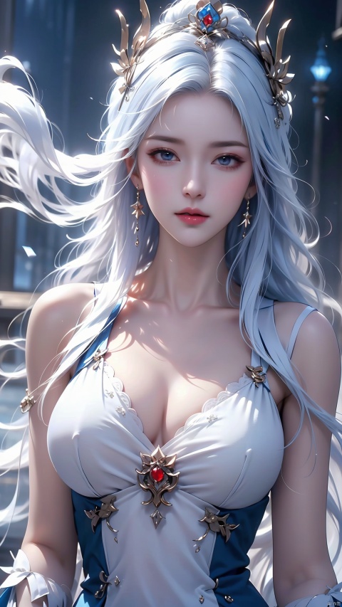  ((best quality)), ((masterpiece)), ((ultra-detailed)), extremely detailed CG, (illustration), ((detailed light)), (an extremely delicate and beautiful), a girl, solo, ((upper body,)), ((cute face)), expressionless, (beautiful detailed eyes), full breasts, (medium breasts:1.2), blue dragon eyes, (Vertical pupil:1.2), white hair, shiny hair, colored inner hair, [Armor_dress], blue_hair ornament, ice adorns hair,depth of field, [ice crystal], (snowflake),A ghost girl smiling innocently and talking to her friends (a familiar cute ghost) Graveyard, ruins, ghosts, spirits, blue fireballs, legs missing, feet floating like cloth, stone walls, wilderness, glowing flower fields ( Ghost Girl: 1.2) Dark and dark blue tones, smile, epic, Celestia, fantasy world, cute world, pale girl.