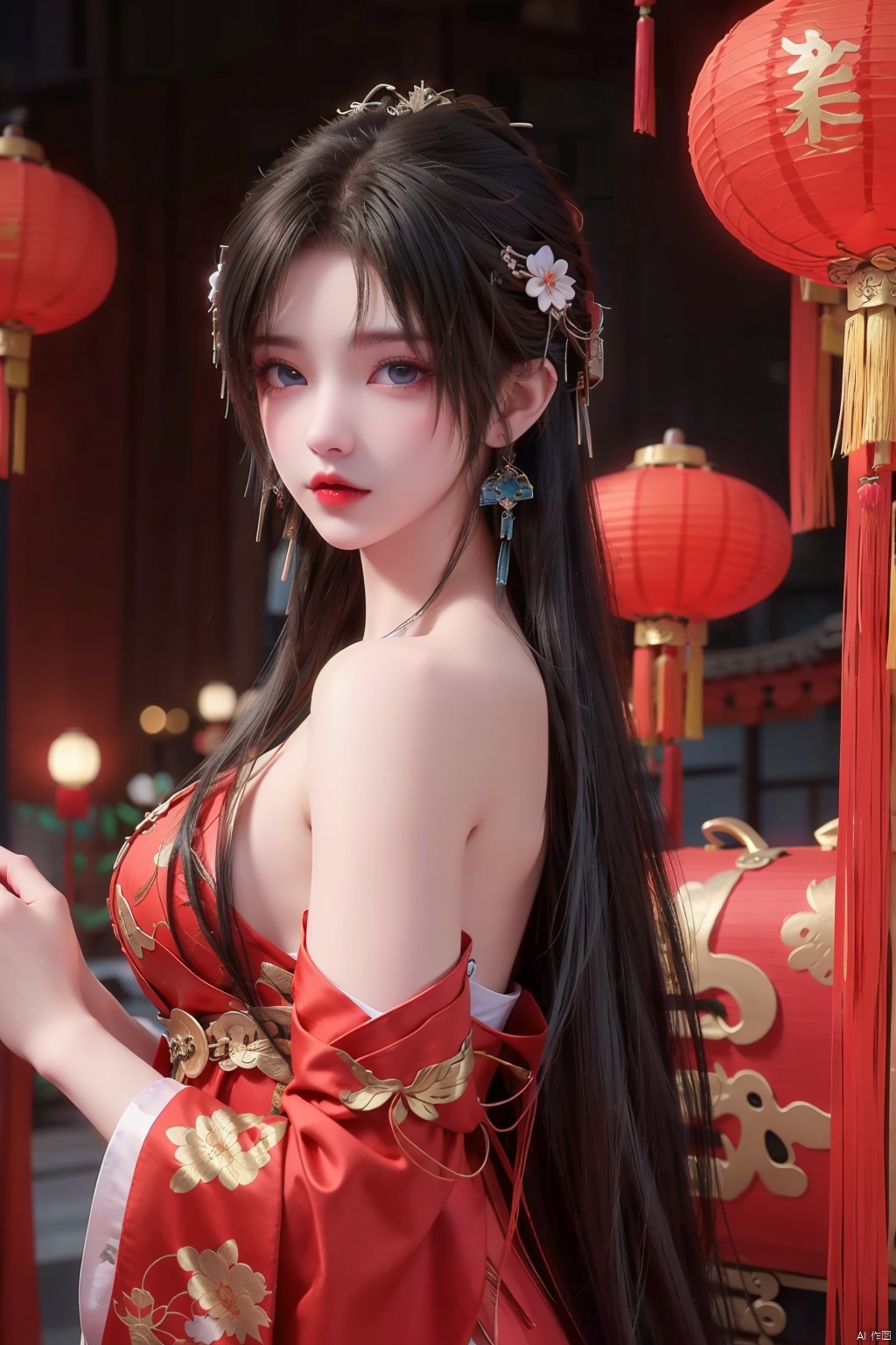  1girl, bare_shoulders, black_hair, blue_eyes, chinese_clothes, chinese_new_year, curtains, dress, earrings, jewelry, lantern, lips, long_hair, looking_at_viewer, oil-paper_umbrella, paper_lantern, red_background, red_dress, red_theme, solo