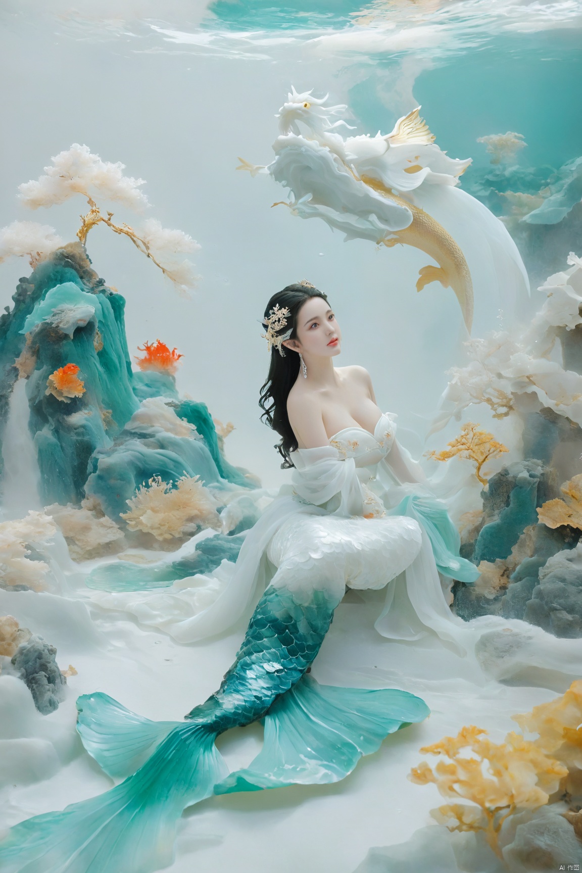  arien_hanfu, mermaid,east dragon,pure white theme,deep in the water,sea,under sea,30 yo lady,large_breasts, guohua, HUBG_Chinese_Jade