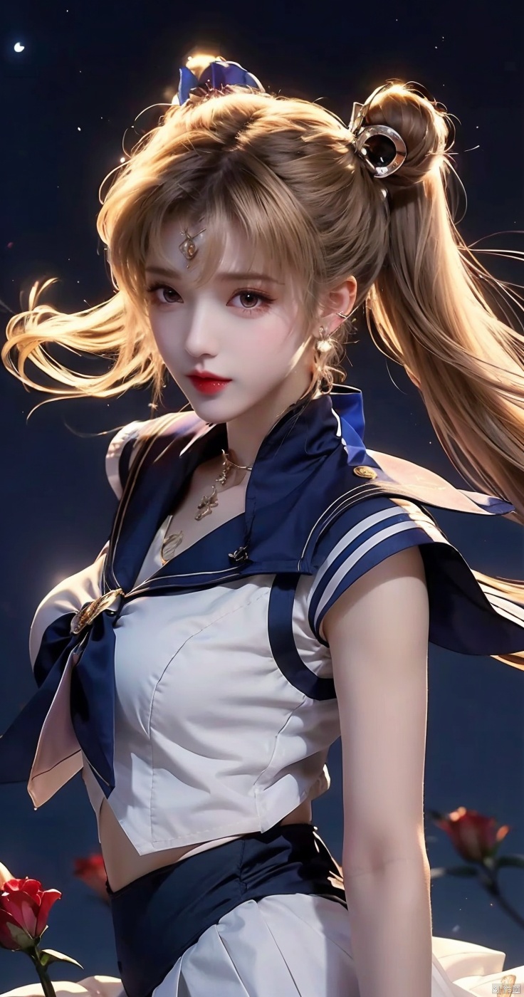  Top Quality, 1 girl, Sailor Moon, blonde hair, blue collar, boots, bow, castle, collar, city, crescent, Crescent, bun, earring, gloves, facial markings, flowers, full moon, gloves, jewelry, boots, layered skirt, lilies, lipstick, long hair, magic girl, cosmetics, Moon, night, Sailor Collar, Sailor Moon, sailor uniform, skirt, sky, solo, Star, Sky, Moon, pigtail, white shoes, white gloves, close up