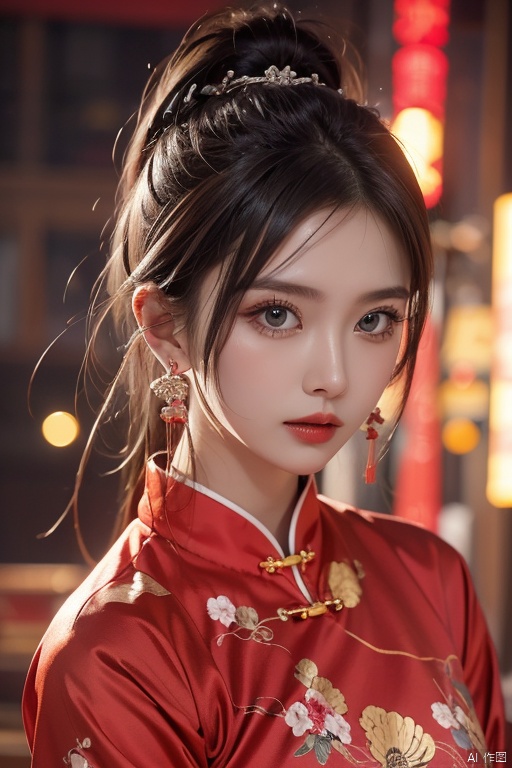  High quality, masterpiece, punk, 1girl , evening, chinese clothes, lighting,depth of field ,earrings ,jewelry,detail face, 1girl,Punk