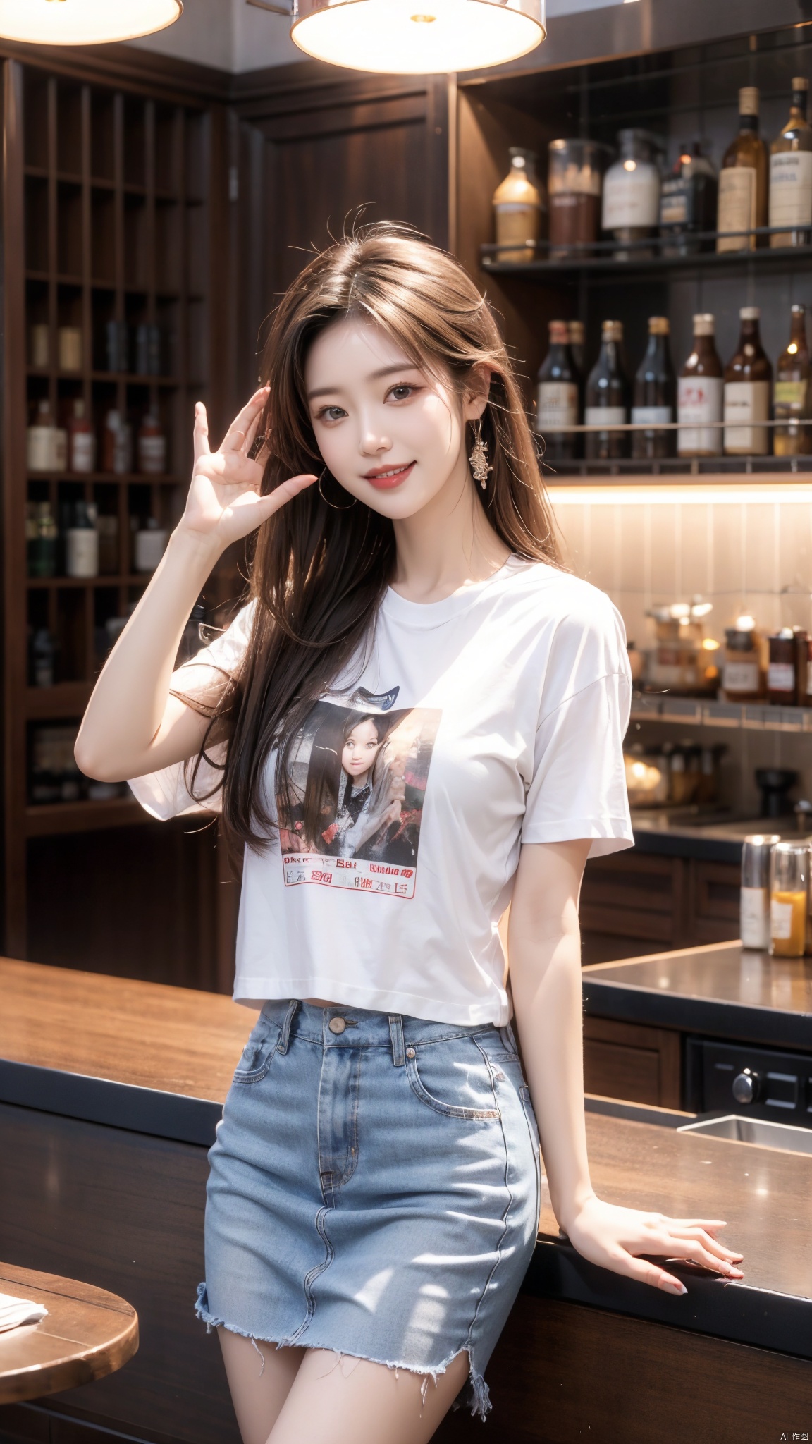  cinematic lighting,long hair,straighthair,巨大**,露出胸,Aplumpfigure:1.2,微胖,蕾丝,粗腿,restaurant,cinematic lighting,t-shirt,skirt,long hair, straight hair,smile,waving,beer,cake, 1 girl