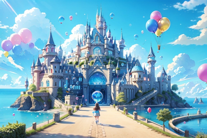  a cartoon scene of a castle surrounded by balloons and a pathway leading to it with a castle in the distance, ball, balloon, blue sky, bubble, bubble blowing, cloud, cloudy sky, day, lens flare, outdoors, scenery, sky, sun