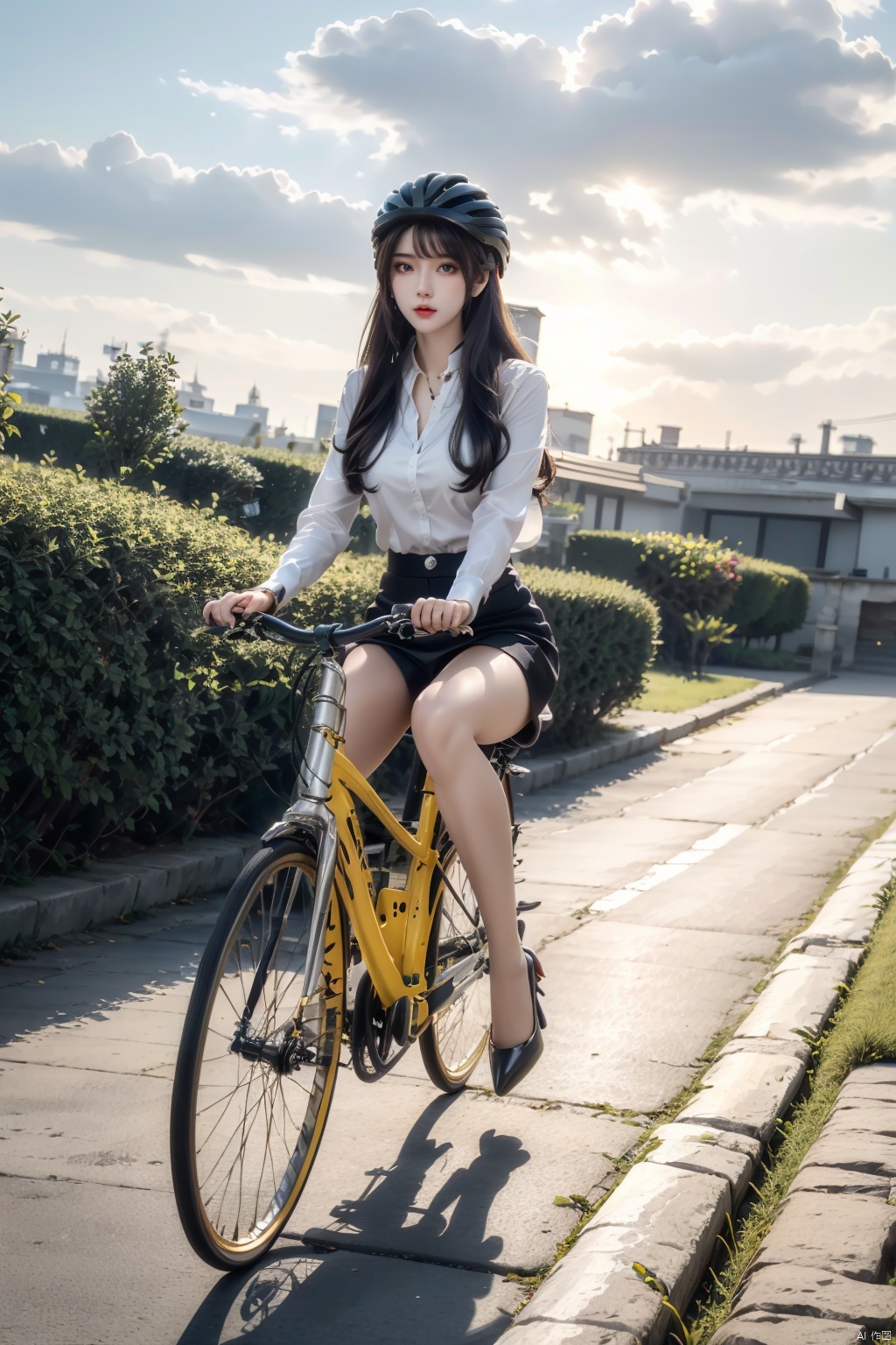  solo, 1girl,outdoors, sky, cloud, helmet, ground,sunset, riding, bicycle, BY MOONCRYPTOWOW,high_heels,yellow_footwear,pencil_skirt,long_hair