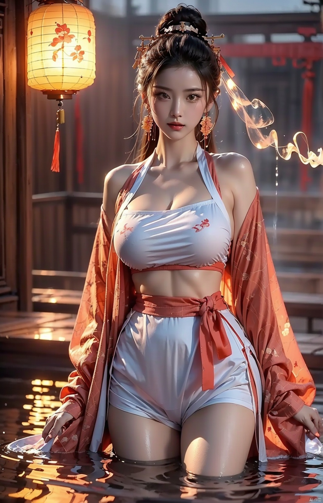  High quality, masterpiece, cinematic texture, Chinese elements, 1 girl bathing in the pool, (wrapped in a gauze: 1.2), (with a large amount of water vapor on the surface: 1.5), (hot spring), lantern, night,Song style Hanfu,smog,8K Ultra HD, clear and bright image quality, highly refined, extremely fine, chang