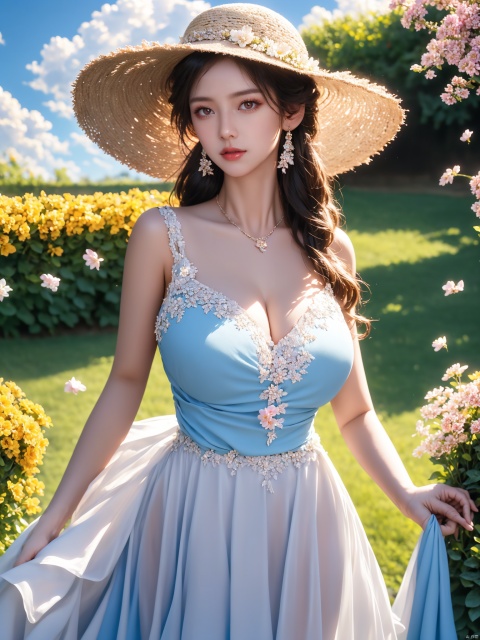  masterpiece, 1 girl, 18 years old, Look at me, long_hair, straw_hat, Wreath, petals, Big breasts, Light blue sky, Clouds, hat_flower, jewelry, Stand, outdoors, Garden, falling_petals, White dress, textured skin, super detail, best quality, HUBG_Rococo_Style(loanword)