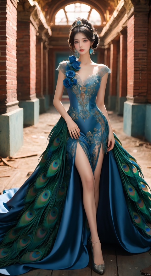  The best quality, the masterpiece, a princess peacock in a gorgeous peacock blue dress, a red rose in her mouth, a pair of white silk gloves, a pair of long legs, exudes a sexy temperament, standing in an abandoned warehouse, illuminated by the light of the palace-class photography, the background is blurred, and the effect of large depth of field