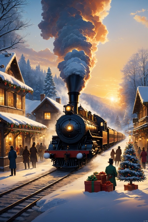  A Christmas celebration transcending time and space, featuring a highly detailed, 8k, best quality masterpiece with a focus on the following elements: a cozy, snow-covered town square, adorned with festive decorations and twinkling lights, a majestic Christmas tree in the center, a group of joyful people gathered around, exchanging gifts and sharing warm embraces, a vintage steam locomotive chugging by in the background, and a beautiful, golden sunset casting a magical glow over the entire scene. wujie