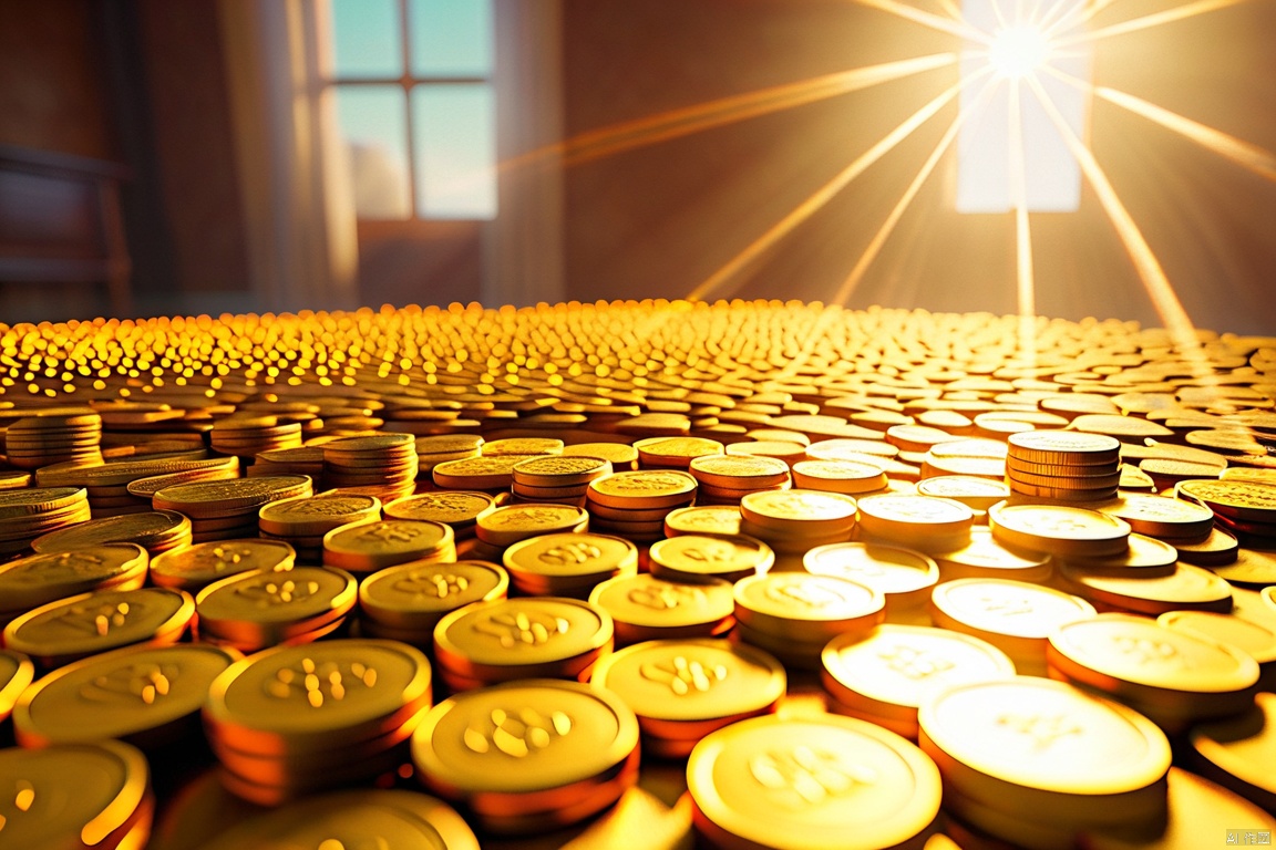  no human,many golden coins floating in the air,morning, Glowing ambiance, enchanting radiance, luminous lighting, ethereal atmosphere, evocative hues, captivating coloration, dramatic lighting, enchanting aura, masterpiece, best quality, epic cinematic, soft nature lights, rim light, amazing, hyper detailed, ultra realistic, soft colors, photorealistic, Ray tracing, Cinematic Light, light source contrast,