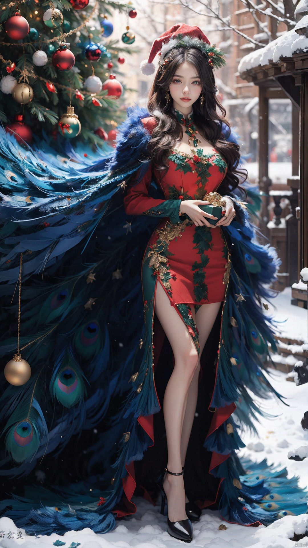  (realism, masterpiece) , a girl, wearing a Christmas hat, a red sweater, a peacock feather coat, high heels, holding a gift box, standing in front of a beautiful Big Christmas tree, outdoors, snow, snow, snow in the sky, Xiqing, HSZT, dress