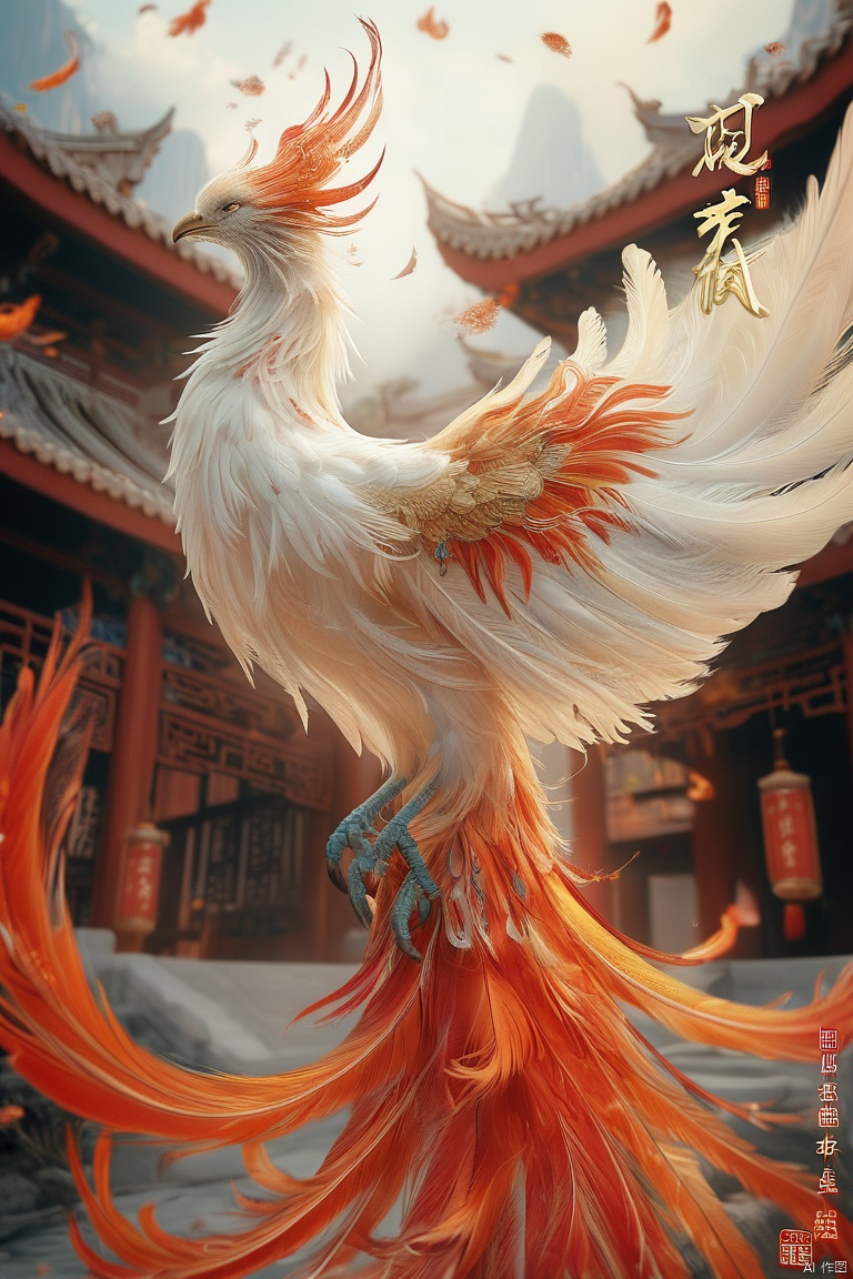  shanhaijing,phoenix,outdoors, no humans, feathers, building, chinese text, animal focus, talons, white feathers