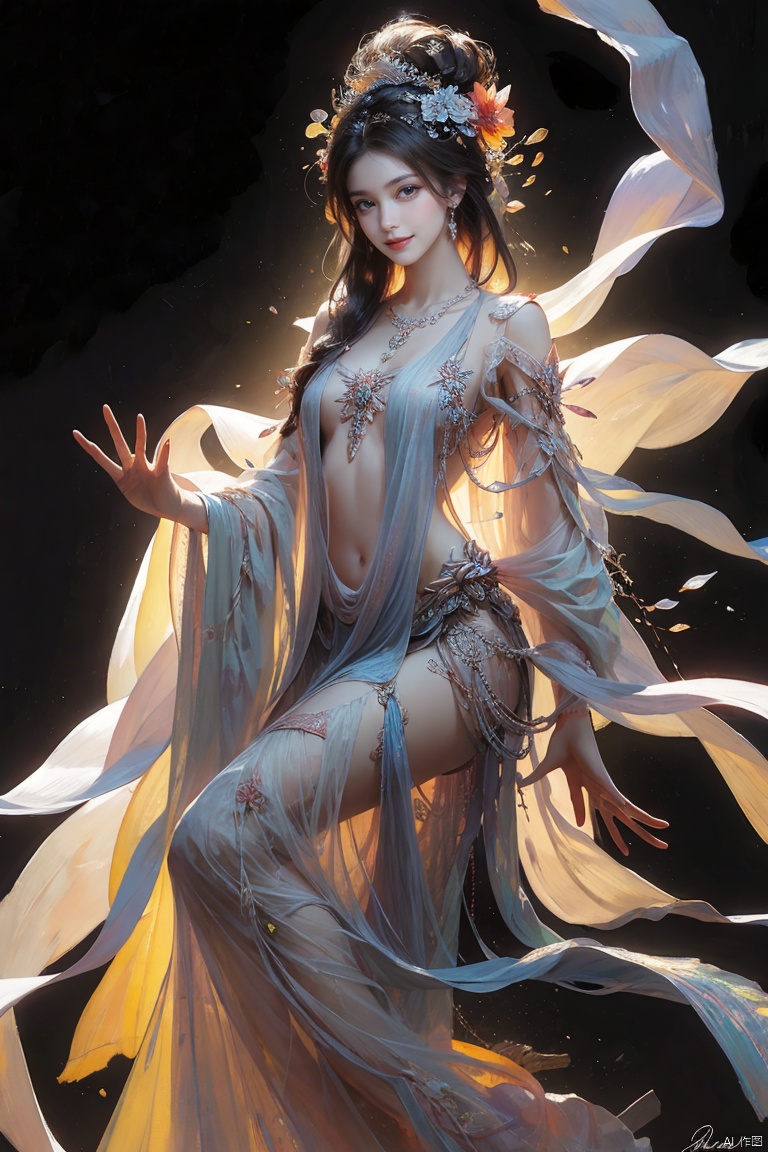  Dim, scattered, backlit, beautiful sky,Long hair reaching the waist, (long hair flying: 1.1),The skirt is very long. Women, smiling, full chested, bare feet, silver jewelry, elegant, lightweight, confident, flower posture, wisdom, charming charm, purity, nobility, artistry, beauty, (best quality), masterpiece, highlights, (original), extremely detailed wallpaper, (original: 1.5), (masterpiece: 1.3), (high resolution: 1.3), (an extremely detailed 32k wallpaper: 1.3), (best quality), Highest image quality, exquisite CG, high quality, high completion, depth of field, (girl: 1.5), (an extremely delicate and beautiful girl: 1.5), (perfect whole body details: 1.5), beautiful and delicate nose, beautiful and delicate lips, beautiful and delicate eyes, (clear eyes: 1.3), beautiful and delicate facial features, beautiful and delicate face, hand processing, hand optimization, hand detail optimization, hand detail processing, detailed beautiful clothes, complex details, Extreme detail portrayal, HDR, detailed background, realistic, (transparent PV iridescent colors: 1.3),FUJI,Film(/FUJI/),bj_Alice,LOMO,cyborg,1 girl,huliya,fox