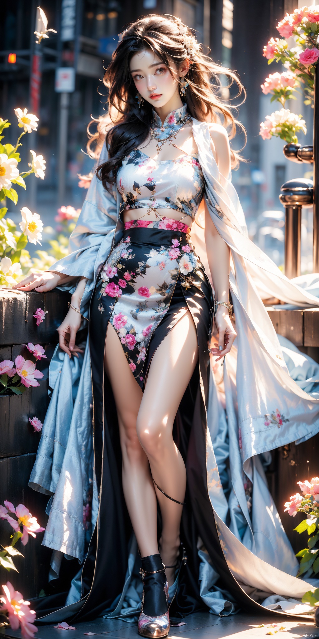  (Masterpiece, Top Quality, Best Quality, Official Art, Beauty and Aesthetics: 1.2), (1 Girl), Full Body Photo, Extreme Detail, (Fractal Art: 1.3), Colorful, Flowers, Highest Detail, Glow, Skirt, Shirt, Thighs, zycpp