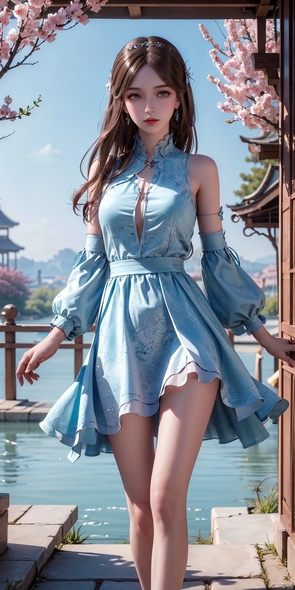  Masterpiece, Best Quality, Delicate Eyes, Solo, Blush, Thighs Up, 1 Girl, Brown Hair, Blue Dress, Jewelry, Earrings, Ribbons, Standing, Peach Garden,