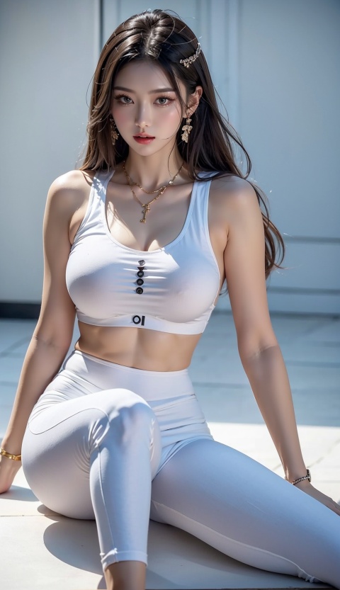  Canon RF85mm f/1.2,masterpiece,best quality,ultra highres,vc,realistic,yoyo,1 girl,(white yoga pants:1.3),Sitting,(korean mixed,kpop idol:1.2),solo,white_shiny_skin,black eyes,necklace,brown_long_wavy_hair,red_shiny_lips,eyelashes,bangs,aface,make-up,shiny,Pore,skin texture,bracelet,offshoulder,see-through,big breasts,