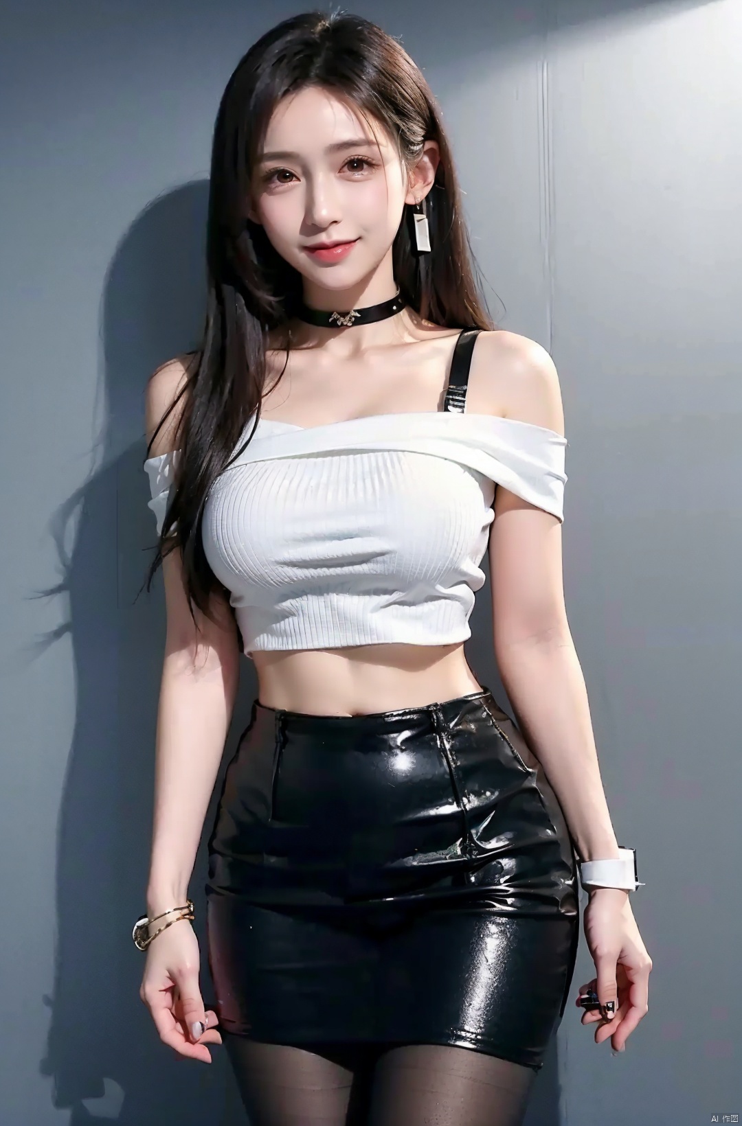  nai3, 1girl, shorts, solo, crop top, choker, pencil skirt, skirt, , navel, shirt, midriff, crop top overhang, looking at viewer, white shirt, jewelry, breasts, cowboy shot, bare shoulders, off-shoulder shirt, off shoulder, black choker, thighs, stomach, hand on own thigh, long hair, bracelet, short sleeves, ribbon, hand up, collarbone, hair ribbon, medium breasts, standing, , , bra strap, kind smile, hair ornament, thigh gap, bangs, necklace, expressionless,, , , blackpantyhose, , tifa
