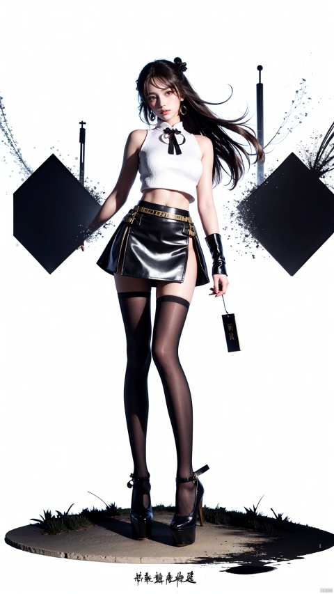  Masterpiece-level best_quality, concept artwork, a lonely solo girl, ,fashion,(mini skirt:1),Super long legs,, standing, realistic, Professionalstudio,highheels,trend,pantyhose,skinny,, upshirt, 1girl, tutultb,Short skirt, Ink scattering_Chinese style, sssr, ((poakl))