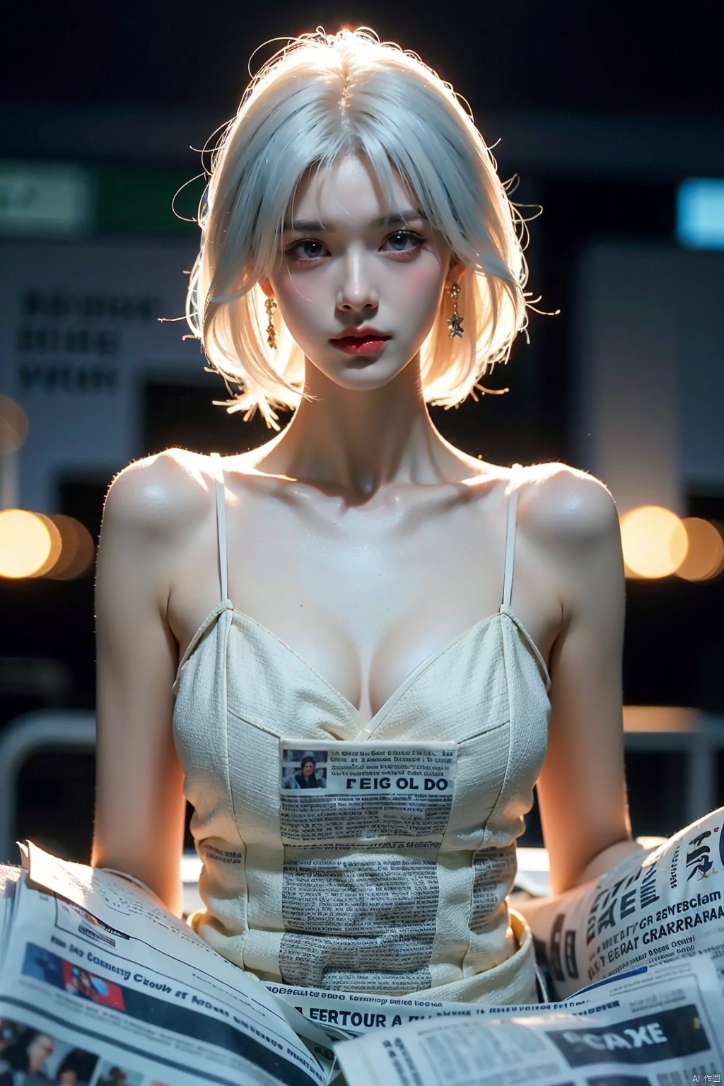  (1girl), light and shadow, wabstyle, glowing, white hair, long hair, wind, two-tone body, two-tone hair, (put nothing on:1.8),cleavage, shine tatoo, upper body, (photorealistic:1.4), flash, cinematic angle, mysterious, magical, obsidain, backlighting, fluctuation, 8k, photo, red, translucent, X-ray, goddess, (chakra:1.2),dress, glowing body, elegant, ntricate details, highly detailed,cinematic, dimmed colors, dark shot, muted colors, film grain, depth blur, blurry background dof, bokeh, realistic, realistic skin, Newspaper wall, huge filesize,newspaper