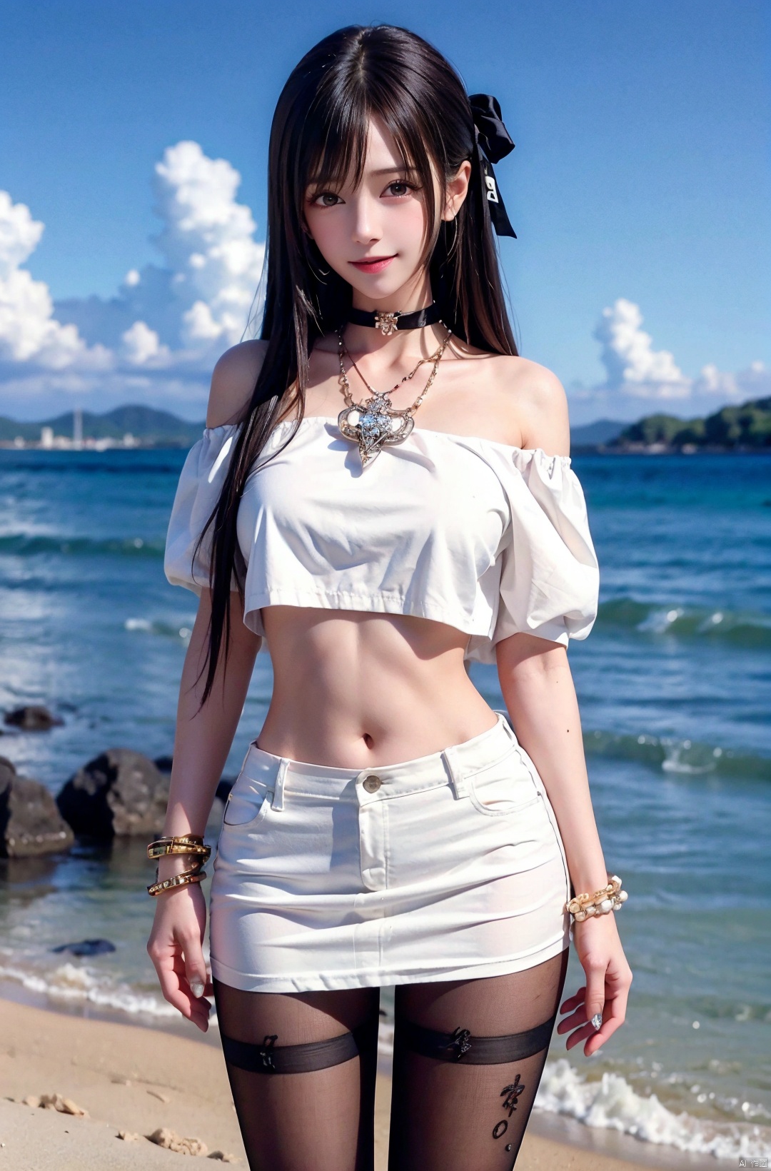  nai3, 1girl, solo, crop top, choker, miniskirt , navel, shirt, midriff, crop top overhang, looking at viewer, white shirt, jewelry, breasts, cowboy shot, bare shoulders, off-shoulder shirt, off shoulder, black choker, thighs, stomach, hand on own thigh, long hair, bracelet, short sleeves, ribbon, hand up, collarbone, hair ribbon, medium breasts, standing, , , bra strap, kind smile, hair ornament, thigh gap, bangs, necklace, expressionless,,blackpantyhose, , Dynamic pose,, , , , linghua,Blue sky, white clouds, beach