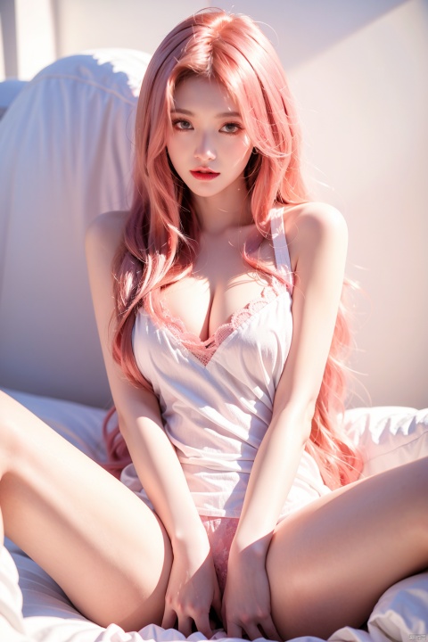  (best quality), (ultra detailed), ((masterpiece)), ,1girl, , bed_sheet,,big_breasts,almost_naked, no_clothes,spread legs apart,eyes charming,wet,water spray,vaginal spray,jujingyi,moyou,,gradient hair,pink hair,huliya,long_pink_hair,laying_in_bed,naked, 1girl,lie in bed