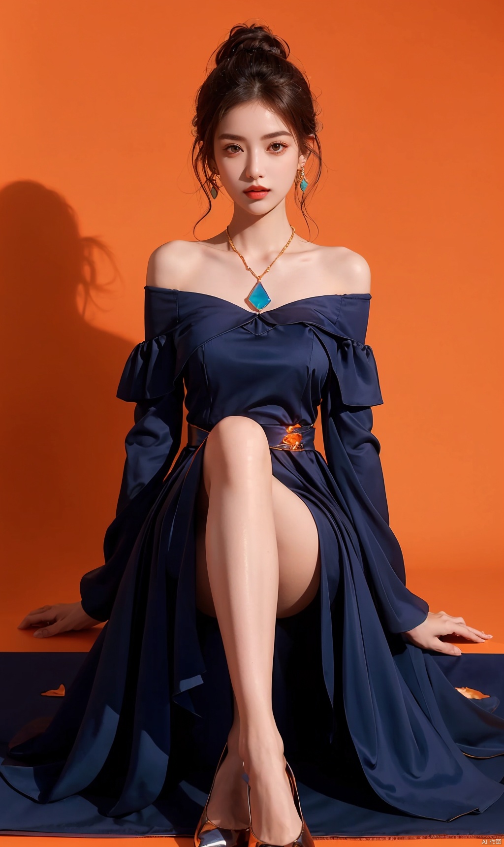  High quality, masterpiece, 1 girl sitting on the carpet, legs crossed,Pantyhose,black eyes,blue, orange, red,Blue gemstone earrings, blue gemstone necklace,Breast crevices, off shoulder,Orange background, blue shirt, huansha, fanxing,neon_dress