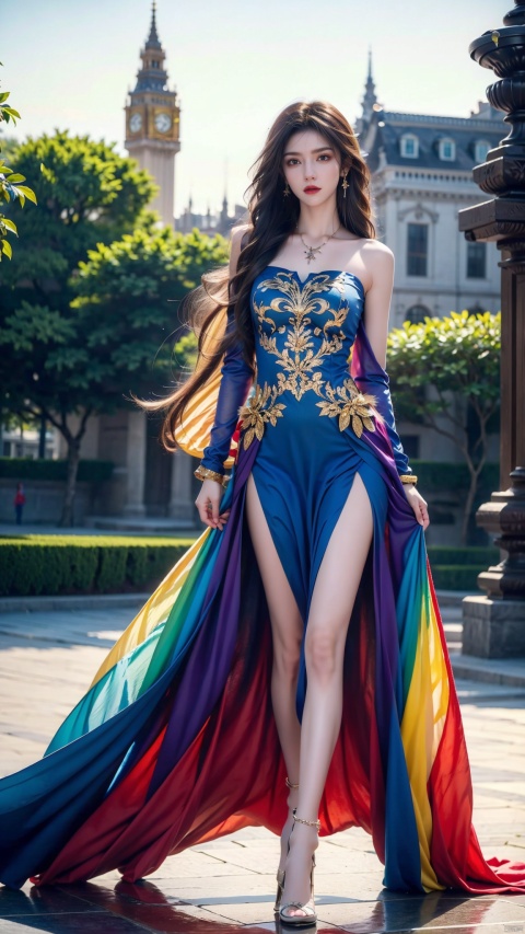  Beautiful woman, well shaped, ample feathers, rainbow colors, gradient colors, feather clothing, complex details, decorations, Baroque, extra long hair, colorful hair colors, wavy, full body, background blurring,