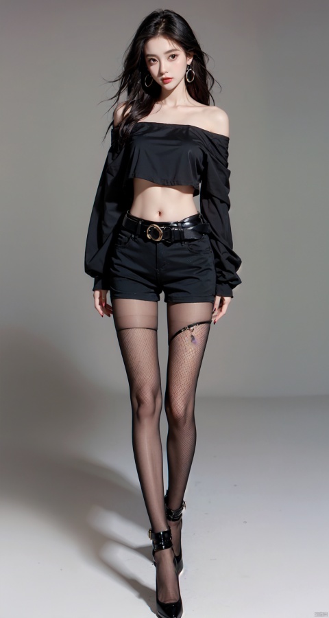  masterpiece,best quality,1girl,solo,full body,looking at viewer,black pantyhose,navel,midriff,belt,pants,boots,jewelry,standing,earrings,multicolored hair,off shoulder,black hair,nail polish,crop top,black footwear,fishnets,bare shoulders,shorts, blackpantyhose,indoor,white_background