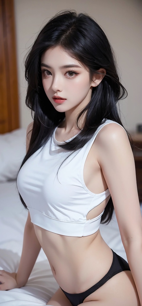  8k, best quality, masterpiece, 1 girl, (black long white hair flowing), Sex appeal,Sexy , on the bed