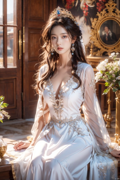  (Masterpiece, Best Quality), a girl in a white and blue dress. Luxurious dress, detailed fabric texture, ray tracing, ultra wide angle, 4K, award-winning, Yuyao, huge breasts, long hair, luxury, nobility, beauty, ultra realistic, ultra clear picture quality, 8K, luxurious palace background, domineering queen, enchanting figure, dynamic posture, sitting, full of immortality, soft light. On the other side of the flower is a large box, official art, 8k unit wallpaper, super detailed, beautiful, masterpiece, best quality, very detailed, dynamic angle, realistic, realistic, detailed details, clear focus, movie lighting, xiqing, 1girl