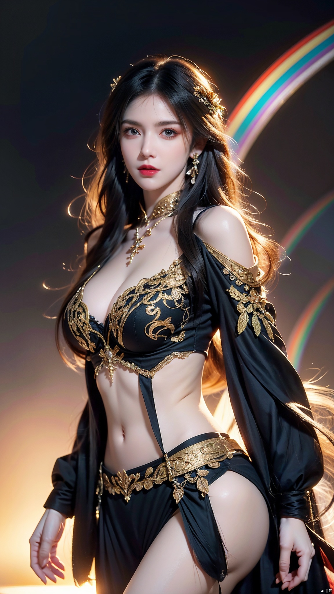  Beautiful woman, well shaped, ample feathers, rainbow colors, gradient colors, feather clothing, complex details, decorations, Baroque, extra long hair, colorful hair colors, wavy, full body, background blurring,(big breasts),