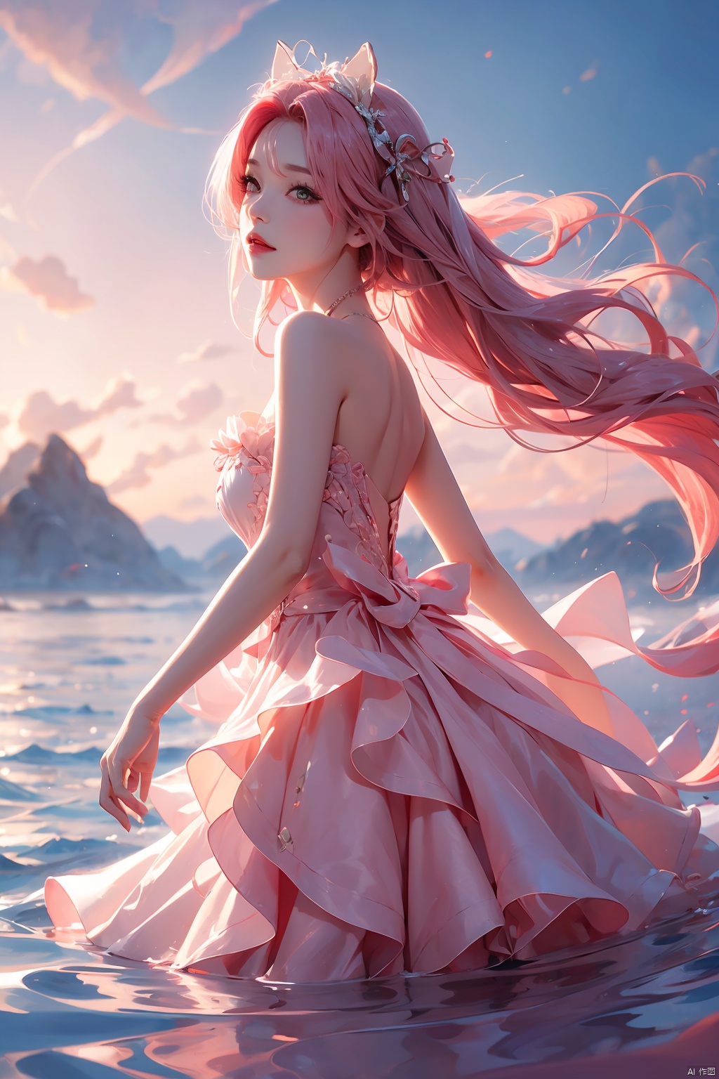  (Ultra wide angle lens), viewed from below,1girl,Wide angle lens, pink dress, bare shoulders,hair between eyes, outdoor, pink hair, sky, solo, wading, 1girl, huliya,