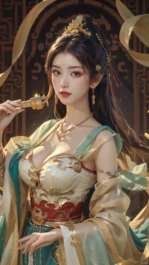  A girl with a closed mouth, brown eyes, long white hair, large chest, deep cleavage, (upper body: 1), facing the scenery, mural, goddess holding pipa, Dunhuang style, elegant:, classical pattern, red and green central composition, clear facial features, Tyndale effect, movie, 16K resolution, ultra high definition, high detail, 16K, 8K niji 5-s 100 style expression, 1 girl, water, (nsfw: 1)