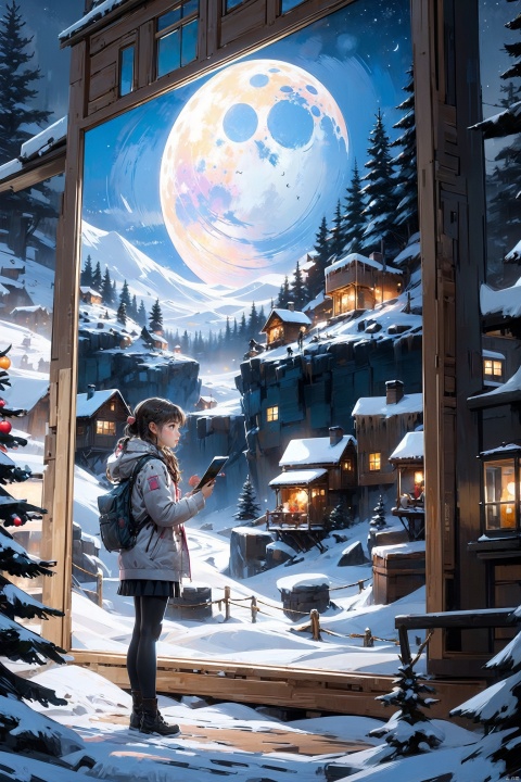  ((masterpiece:1.5)), ((best quality):1.0), 8k, high detailed, girl, looking at a painting on the wall, Christmas scene, Christmas tree, moon, gift boxes, snowy landscape, reindeer, seems to jump out of the painting, Cyberpunk Fantasy