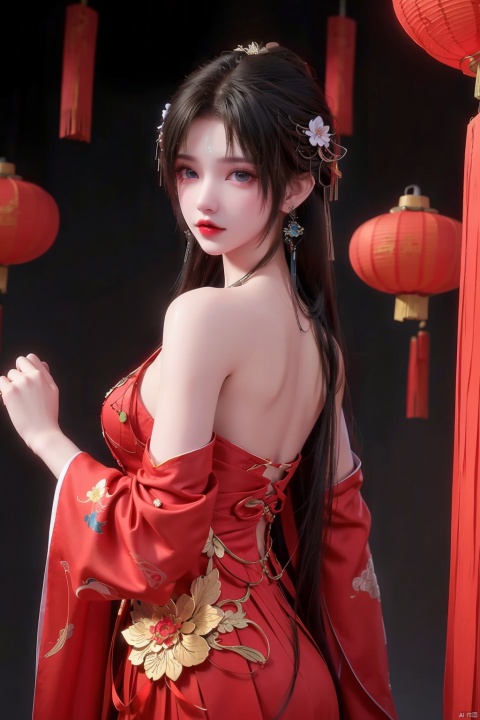  1girl, bare_shoulders, black_hair, blue_eyes, chinese_clothes, chinese_new_year, curtains, dress, earrings, jewelry, lantern, lips, long_hair, looking_at_viewer, oil-paper_umbrella, paper_lantern, red_background, red_dress, red_theme, solo