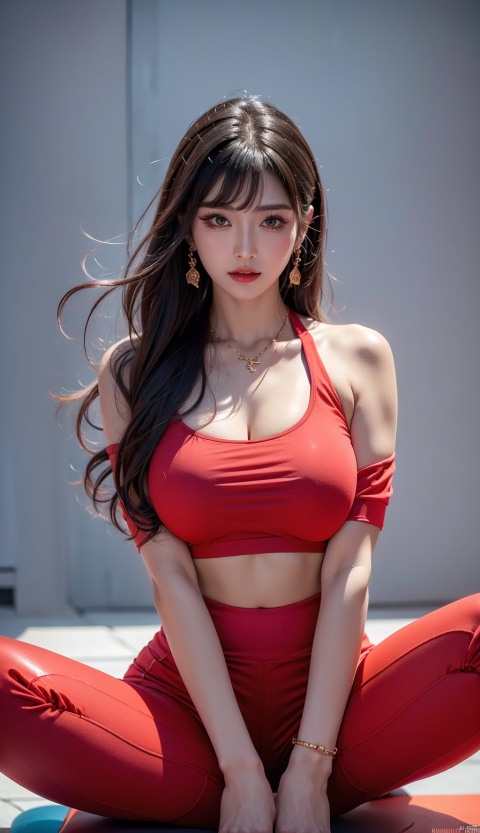  Canon RF85mm f/1.2,masterpiece,best quality,ultra highres,vc,realistic,yoyo,1 girl,(red yoga pants:1.3),Sitting,(korean mixed,kpop idol:1.2),solo,white_shiny_skin,black eyes,necklace,brown_long_wavy_hair,red_shiny_lips,eyelashes,bangs,aface,make-up,shiny,Pore,skin texture,bracelet,offshoulder,see-through,big breasts,