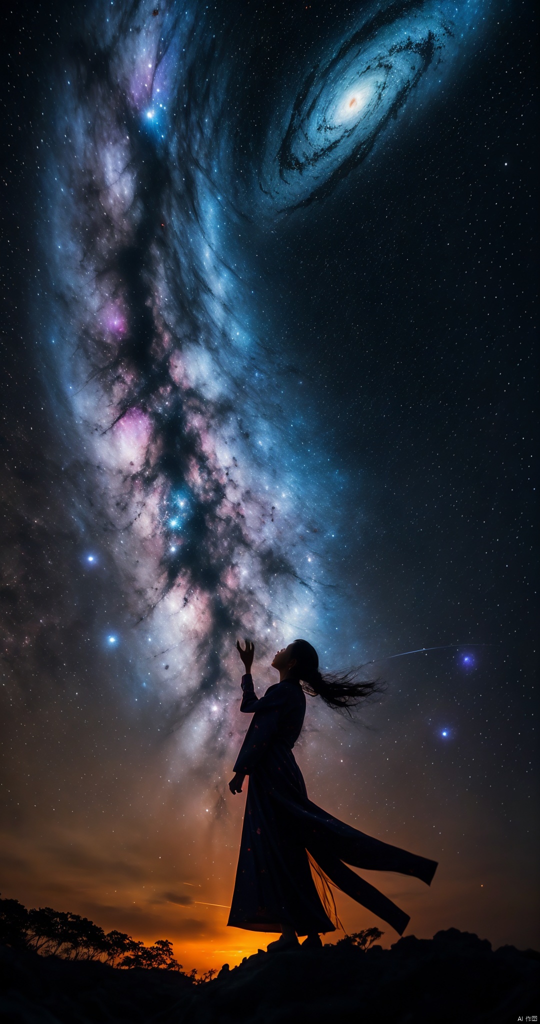  1girl, limuwan,(wide shot:0.95),from_below,black magic,purple theme,(universe in background:1.2),star_(sky),hyper_galaxy,depth_of_field,planet in background,particle effects, JMLong