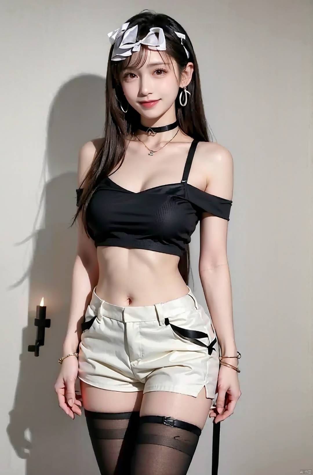  nai3, 1girl, shorts, solo, crop top, choker, pencil skirt, skirt, , navel, shirt, midriff, crop top overhang, looking at viewer, white shirt, jewelry, breasts, cowboy shot, bare shoulders, off-shoulder shirt, off shoulder, black choker, thighs, stomach, hand on own thigh, long hair, bracelet, short sleeves, ribbon, hand up, collarbone, hair ribbon, medium breasts, standing, , , bra strap, kind smile, hair ornament, thigh gap, bangs, necklace, expressionless,, , , blackpantyhose, , tifa