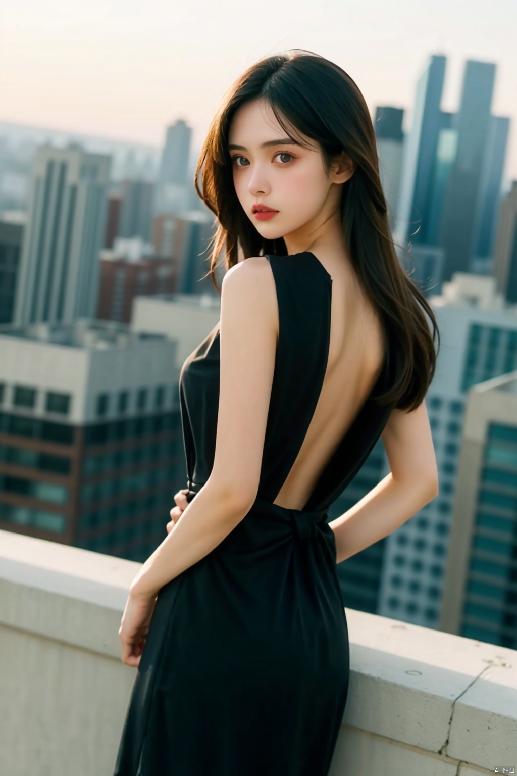  Realistic photography, on the roof of a skyscraper, a 20-year-old girl stands, wearing a slim black dress, looking straight into the camera. Behind her, numerous skyscrapers stretch into the distance, Canon 5DMarkⅳ, 35MM lens aperture 1.2, background blacked out. A perfect twilight moment, the late afternoon sun casts a warm glow on the girl's face, enhancing the impact of the scene. This photograph captures a quiet and warm feeling, and sharpness and realism make every detail vivid and clear. Straight black hair, over the waist long hair flowing in the wind, backless. Vibrant, breathtakingly beautiful, hip wrap dress\(yedian\), jy