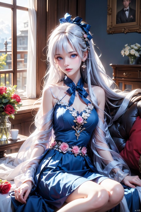  Highest quality, 8K, 1 girl, arm support, Bangs, Blue Bow, blue eyes, blue flowers, blue tie, Blue Ribbon, blue rose, blue dress, Blue Sky, chest, clouds, Cloudy Sky, day, earrings, flowers, ornament, hair between eyes, white hair, hair ornament, interior, jewelry, long hair, long sleeves, look at audience, medium chest, neck ribbon, open window, petals, ribbon, rose, shirt, sit, skirt, sky, solo, very long hair, white shirt, window