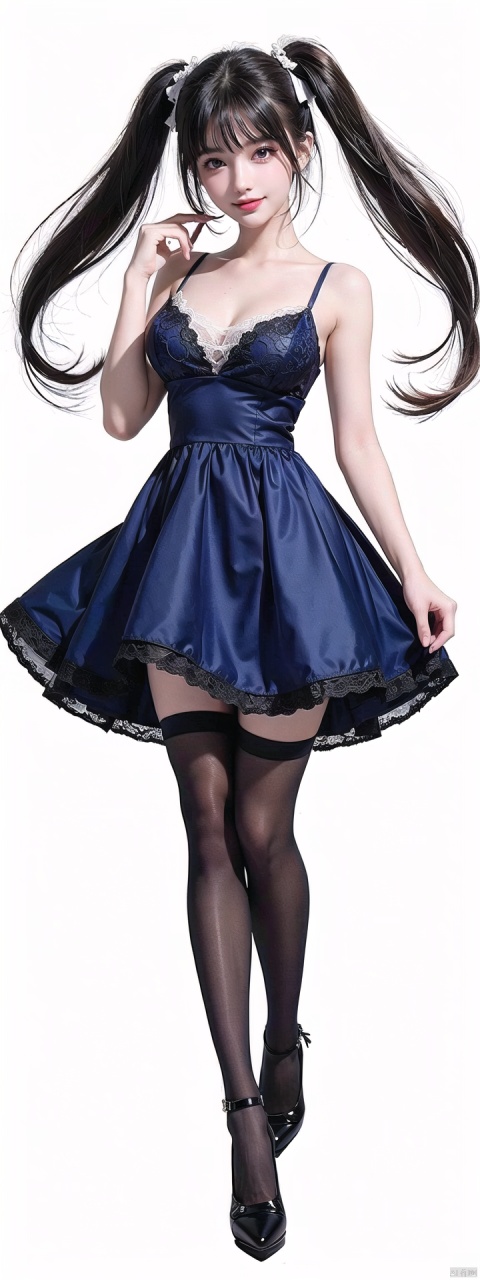  Masterpiece,High Resolution,official art,
1girl,18yo,full body,standing, (smile), bare shoulders,(blue_dress),V-neck, lace edge,The skirt fits the curves of the body,black pantyhose,high heels,big chest,twintails,white background, simple background, sssr, Hourglass body shape